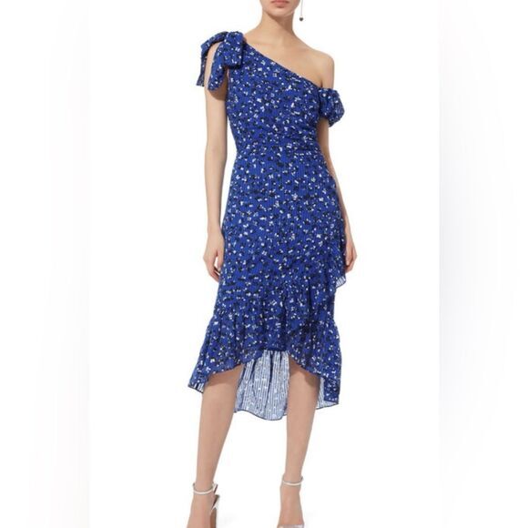 Ulla Johnson Uma Dress Cobalt‎ Blue Floral One Shoulder Bow Midi Size 4 - Picture 1 of 10